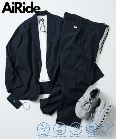 AiRide/エアライド リラックスフィット シアサッカー セットアップ/テーラードジャケット/ワイドスラックス/吸水速乾/UVカット 【限定展開】