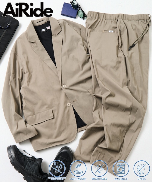 AiRide/エアライド リラックスフィット ポケッタブルトラベルセットアップ/テーラードジャケット/ワイドテーパードパンツ/吸水速乾/UVカット 【限定展開】