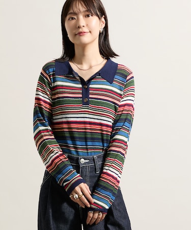 シアー 配色 トリム ポロ襟ニット