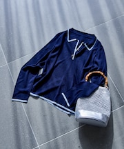 シアー 配色 トリム ポロ襟ニット