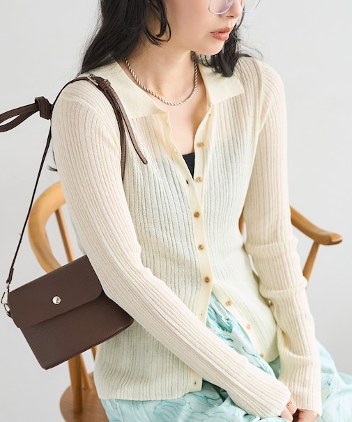 シアー リブニット ポロカーディガン