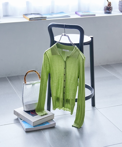 シアー リブニット ポロカーディガン