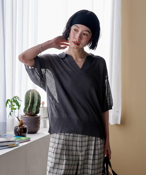 シアー スキッパー5分袖 サマーニット