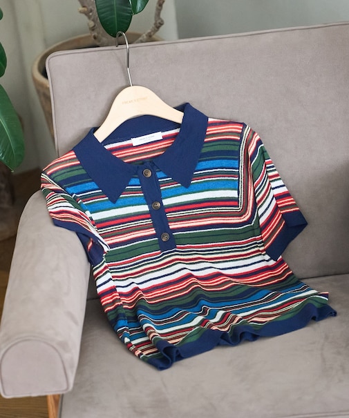 シアー 配色 トリム 5分袖 ポロ襟ニット