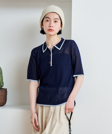 シアー 配色 トリム 5分袖 ポロ襟ニット