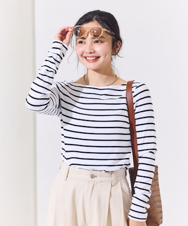 コットンモダール ボートネック ボーダーロンT