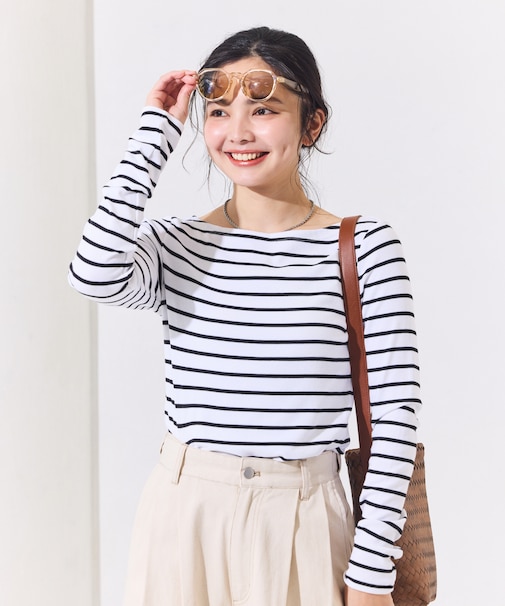 コットンモダール ボートネック ボーダーロンT