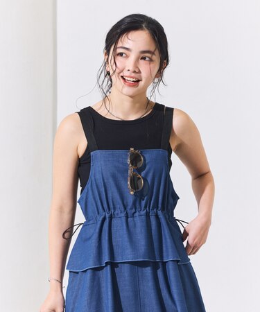 別注 UVカット デニムライク ペプラムギャザーサロペ ワンピース