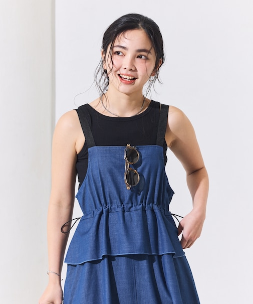 別注 UVカット デニムライク ペプラムギャザーサロペ ワンピース