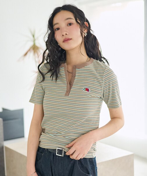 別注 マルチボーダー ヘンリーネックTシャツ