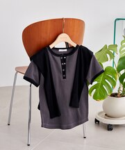 Wフェイス 配色 ヘンリーネックTシャツ