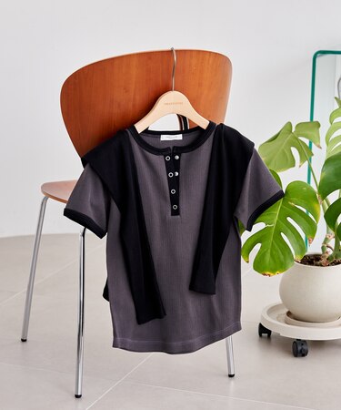 Wフェイス 配色 ヘンリーネックTシャツ