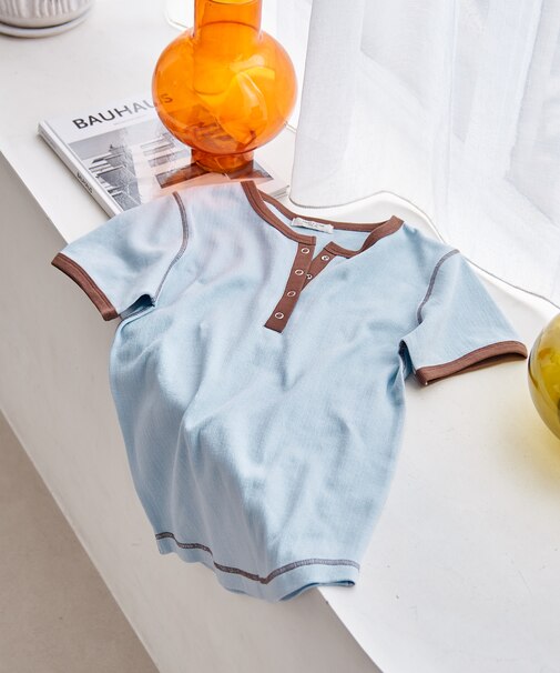 Wフェイス 配色 ヘンリーネックTシャツ