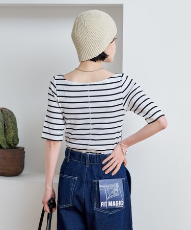 コットンモダール 5分袖ボーダーTシャツ