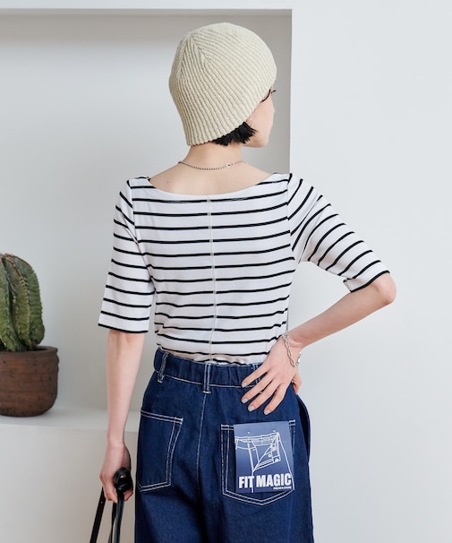 コットンモダール 5分袖ボーダーTシャツ