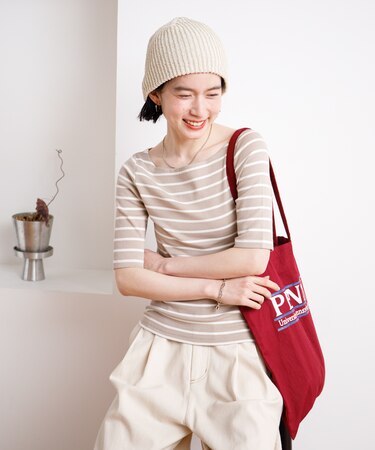 コットンモダール 5分袖ボーダーTシャツ