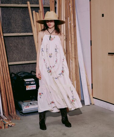 インド フラワー クロス刺繍 レース キャミドレス