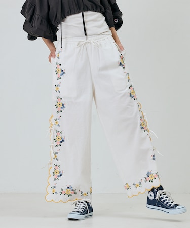 インド スカラップ 花刺繍 パンツ