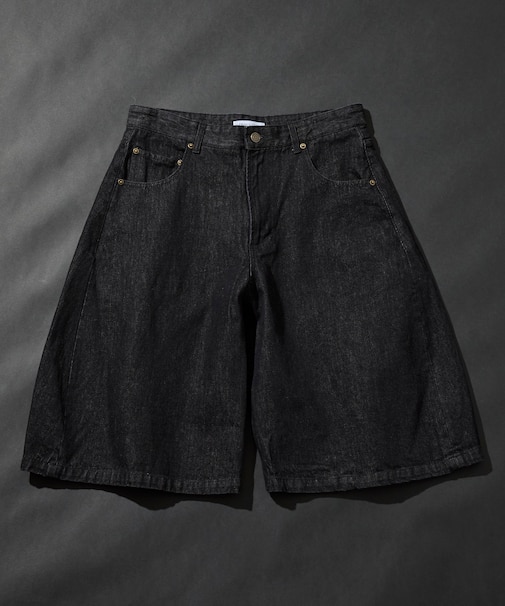 ワイドシルエット ワンウォッシュ カーブデニム クロップド ショートパンツ