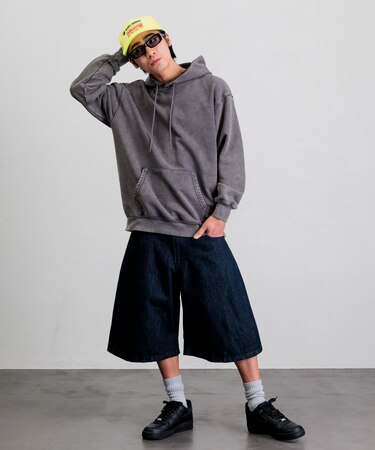 ワイドシルエット ワンウォッシュ カーブデニム クロップド ショートパンツ