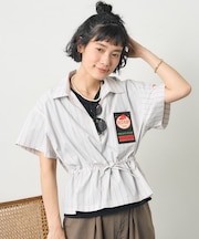 別注 ストライプ ウエストリボン ハーフジップ 半袖シャツ