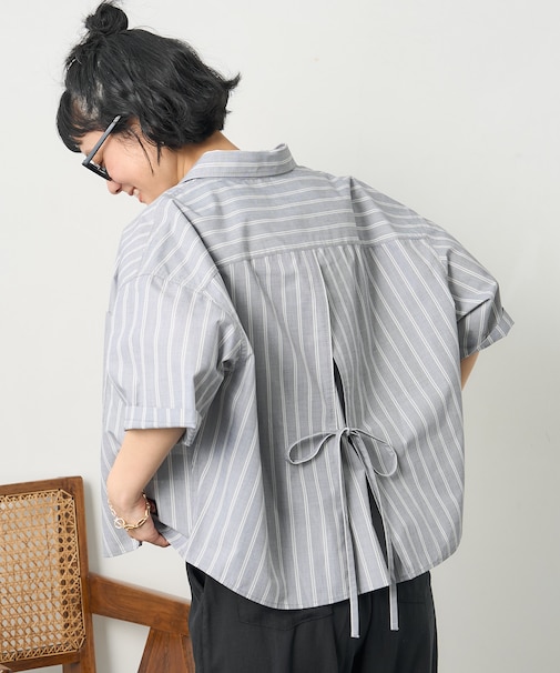 別注 ストライプバックリボン半袖シャツ
