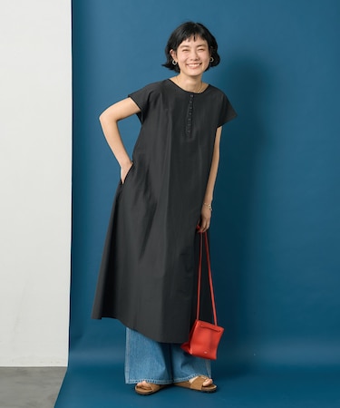 接触冷感/UVカット ヘンリーネックフレアワンピース