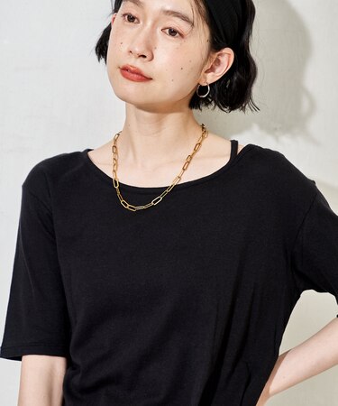 <カシミヤ入り> ガーゼフライス アシンメトリーネック 5分袖Tシャツ