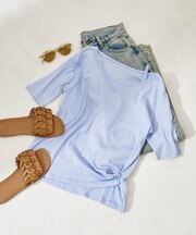 ＜カシミヤ入り＞ ガーゼフライス アシンメトリーネック 5分袖Tシャツ