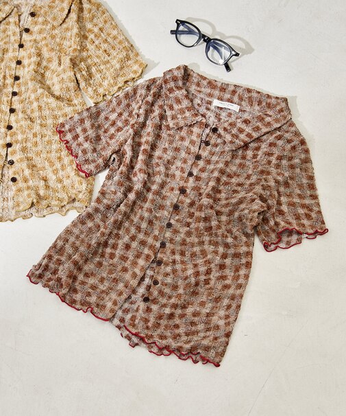 チェック ポコポコ 半袖ブラウス