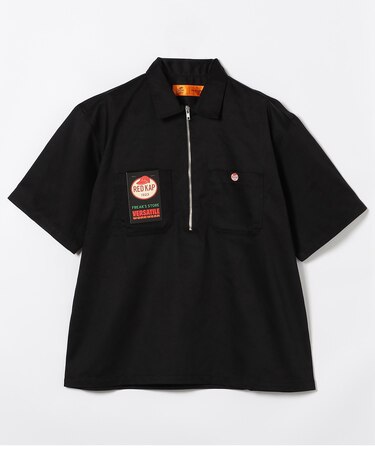 【新色追加】 別注 リラックスフィット ハーフジップ ワンポイントロゴ 半袖ツイルワークシャツ