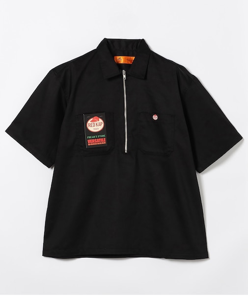 【新色追加】 別注 リラックスフィット ハーフジップ ワンポイントロゴ 半袖ツイルワークシャツ