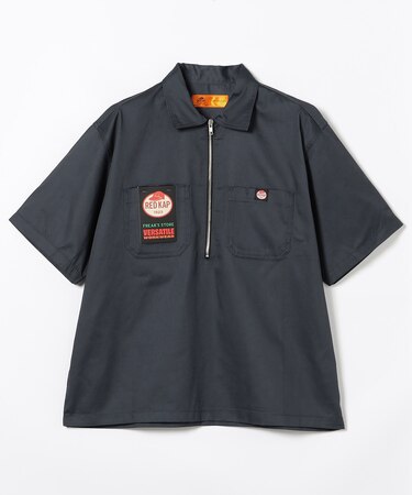 【新色追加】 別注 リラックスフィット ハーフジップ ワンポイントロゴ 半袖ツイルワークシャツ