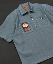 別注 リラックスフィット ハーフジップ ワンポイントロゴ 半袖ワークシャツ/チェック