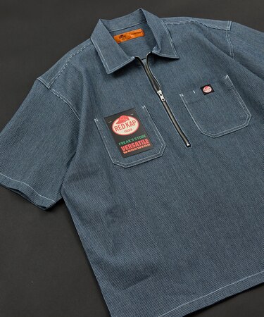 別注 リラックスフィット ハーフジップ ワンポイントロゴ 半袖ワークシャツ/チェック