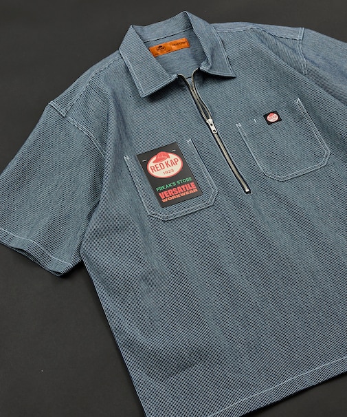 別注 リラックスフィット ハーフジップ ワンポイントロゴ 半袖ワークシャツ/チェック