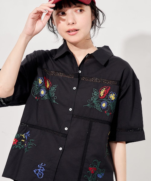 ヴィンテージ シルクシャツ 刺繍 ブラック 花 刺繍 シルク シャツ | Flower Embroidery Silk Shirt - 古着屋