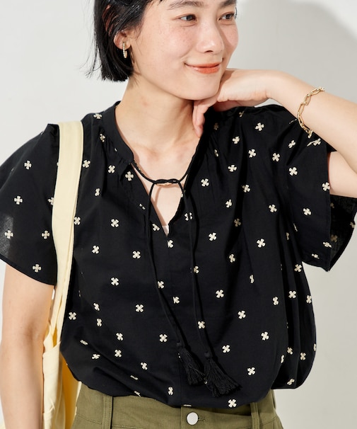 インド 総柄刺繍 袖フリルブラウス＜セットアップ対応＞