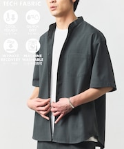 【新色追加】速乾素材 リラックスフィット バンドカラーシャツ ショートスリーブ  リネン風