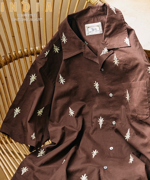 インド製 総柄 刺繍 リラックスフィット オープンカラーシャツ ショートスリーブ