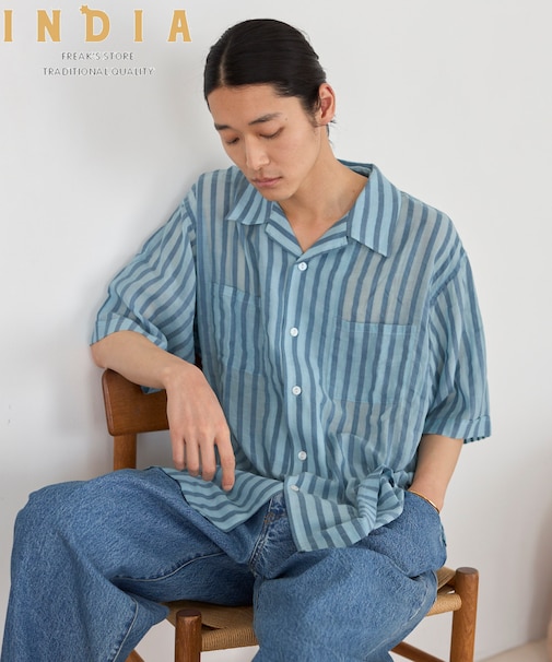 インド製 リラックスフィット ワイド ストライプ シアサッカー オープンカラーシャツ ショートスリーブ