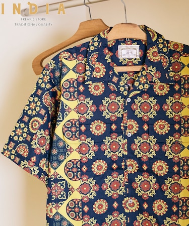 【新色追加】インド製 リラックスフィット バティック柄プリント オープンカラーシャツ ショートスリーブ 小紋柄