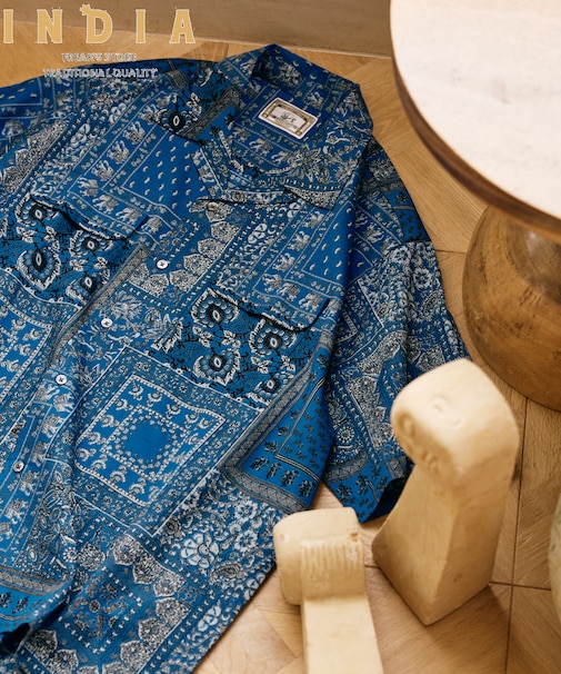 インド製 リラックスフィット ペイズリー柄プリント オープンカラーシャツ ショートスリーブ バンダナ柄