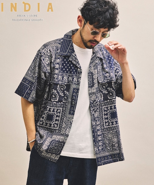 インド製 リラックスフィット ペイズリー柄プリント オープンカラーシャツ ショートスリーブ バンダナ柄