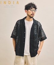インド製 パッチワークレース シアー リラックスフィット オープンカラーシャツ ショートスリーブ