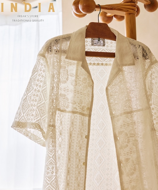 インド製 パッチワークレース シアー リラックスフィット オープンカラーシャツ ショートスリーブ