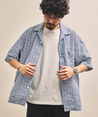 別注 シアサッカー オープンカラー ショートスリーブ チェックシャツ