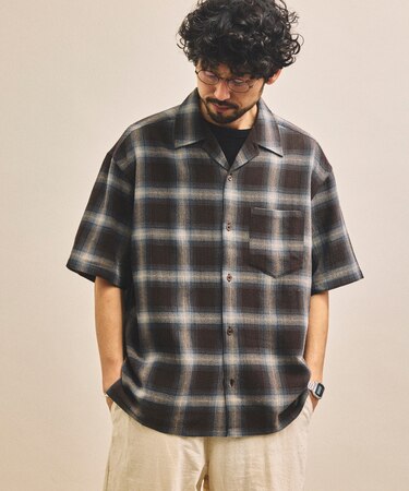 先染めオンブレチェック オープンカラー ショートスリーブ シアーシャツ リラックスフィット