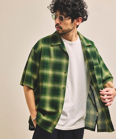 先染めオンブレチェック オープンカラー ショートスリーブ シアーシャツ リラックスフィット