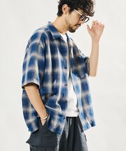 先染めオンブレチェック オープンカラー ショートスリーブ シアーシャツ リラックスフィット